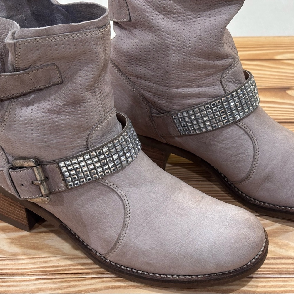 JANET & JANET Gray/Taupe Ankle Biker Boots with Rhinestones Studded Strap